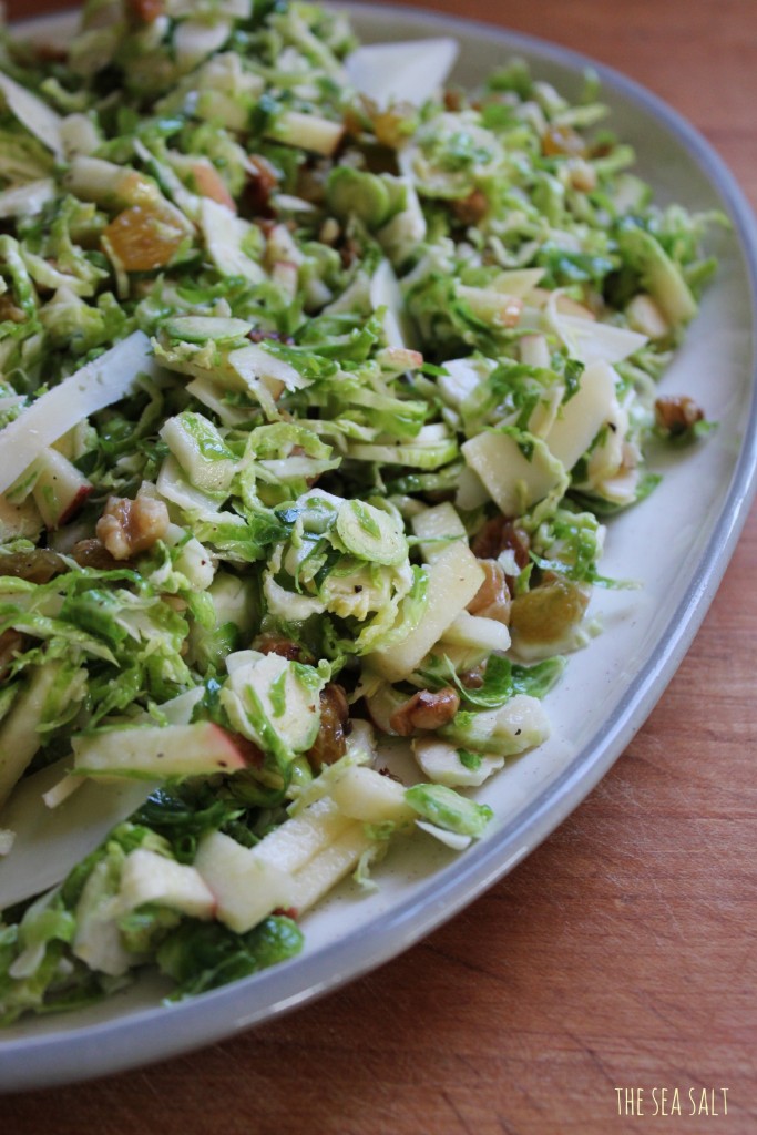 Brussel Sprout Salad with Apples, Golden Raisins, Walnuts & Parmesan