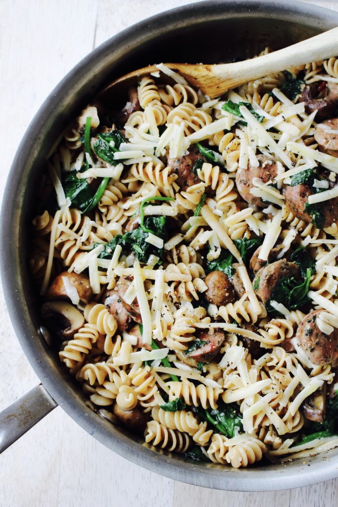 Chicken Sausage Skillet with Garlicky Spinach and Mushrooms