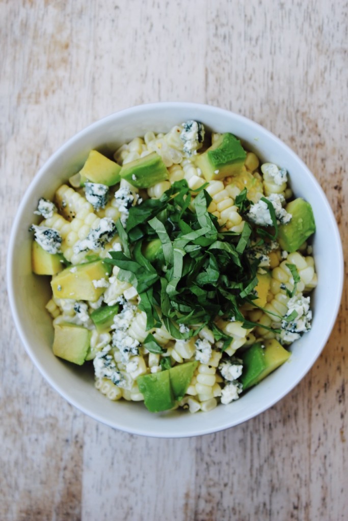 Corn Salad with Avocado, Blue Cheese and Basil