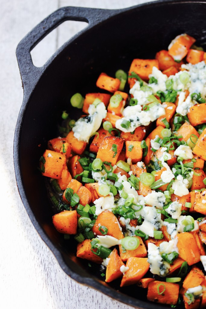 Sweet and Spicy Roasted Sweet Potatoes with Blue Cheese and Green Onions