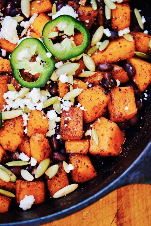 Spicy Butternut Squash Skillet with Cotija and Pepitas