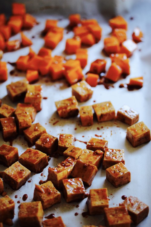 Gochujang and Ginger Marinated Tofu with Butternut Squash, Peppers and Onions