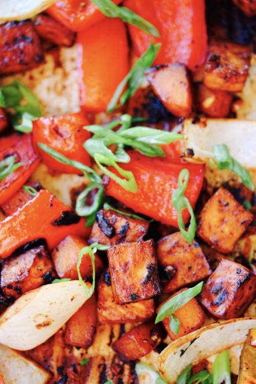 Gochujang and Ginger Marinated Tofu with Butternut Squash, Peppers and Onions